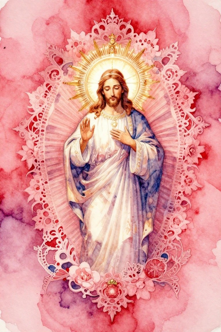 Watercolor Jesus in blue-white robes with golden halo amid ornate pink floral border