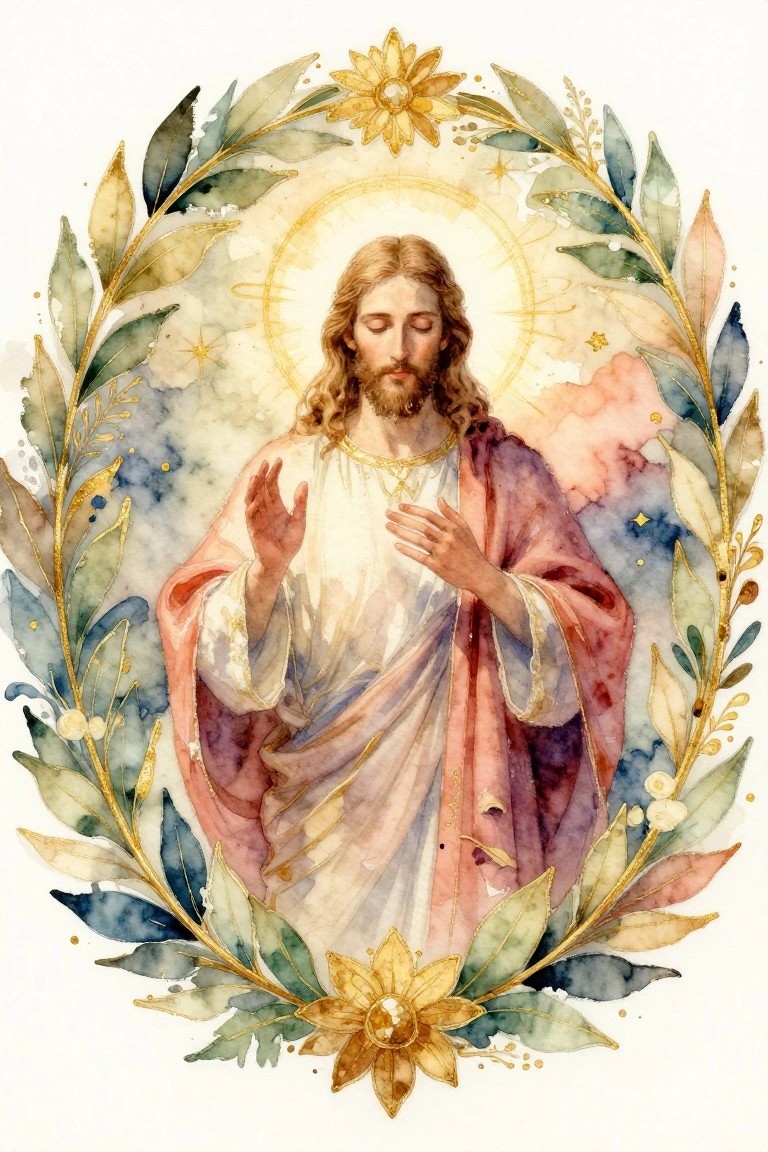 Watercolor Jesus in flowing pink-purple robes with halo, hands raised amid golden leafy wreath