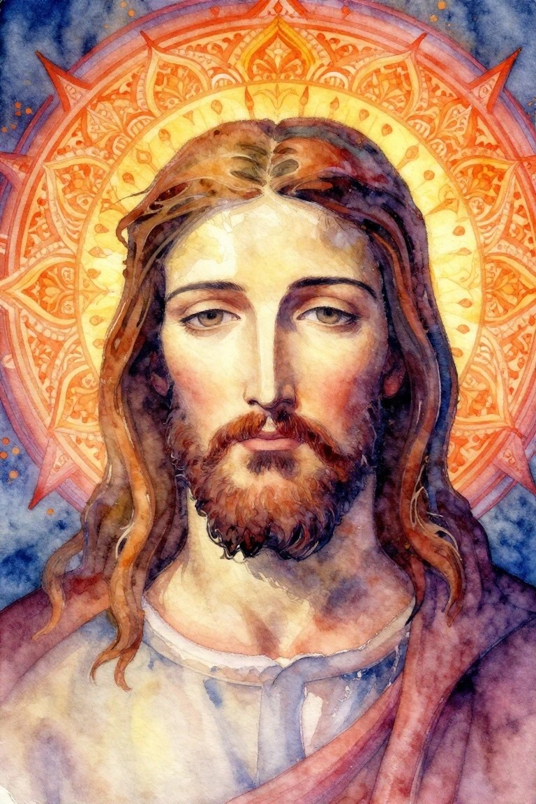 Watercolor Jesus with long brown hair, beard, and radiant ornate golden halo.