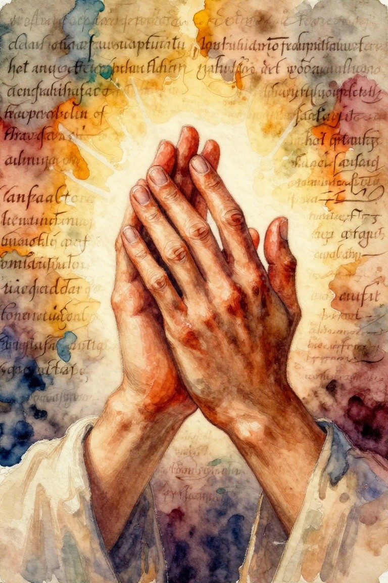 Watercolor painting of bloodstained hands clasped in prayer over manuscript text