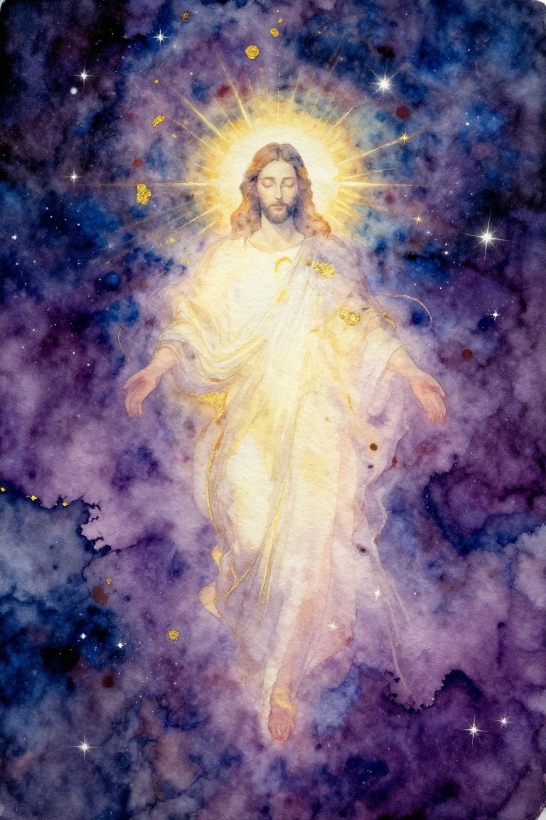 A glowing figure of Jesus in a white robe floats in a purple and blue starry space with light rays extending from a bright halo around his head.
