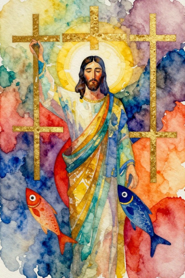 Watercolor Jesus with halo amid golden crosses, colorful robes, and two symbolic fish.