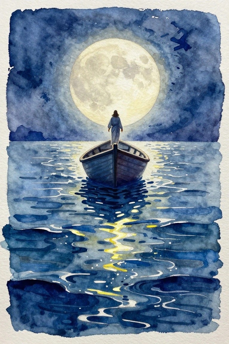 A watercolor painting of a robed figure standing in a wooden boat on dark blue water facing a large full moon in a cloudy night sky.