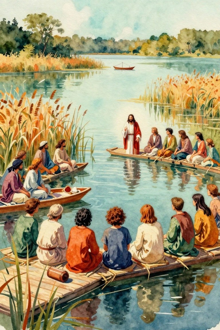 Jesus in red robe stands amid disciples on wooden boats on a calm lake