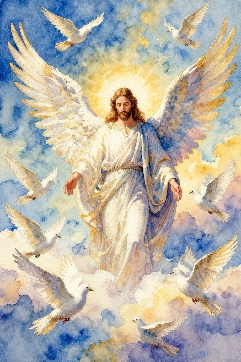 Winged Jesus in white robes with halo amid flying doves in watercolor clouds