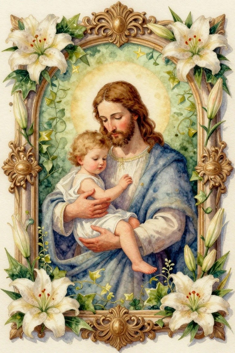 A watercolor painting of Jesus holding a young child inside an ornate frame decorated with white lilies.