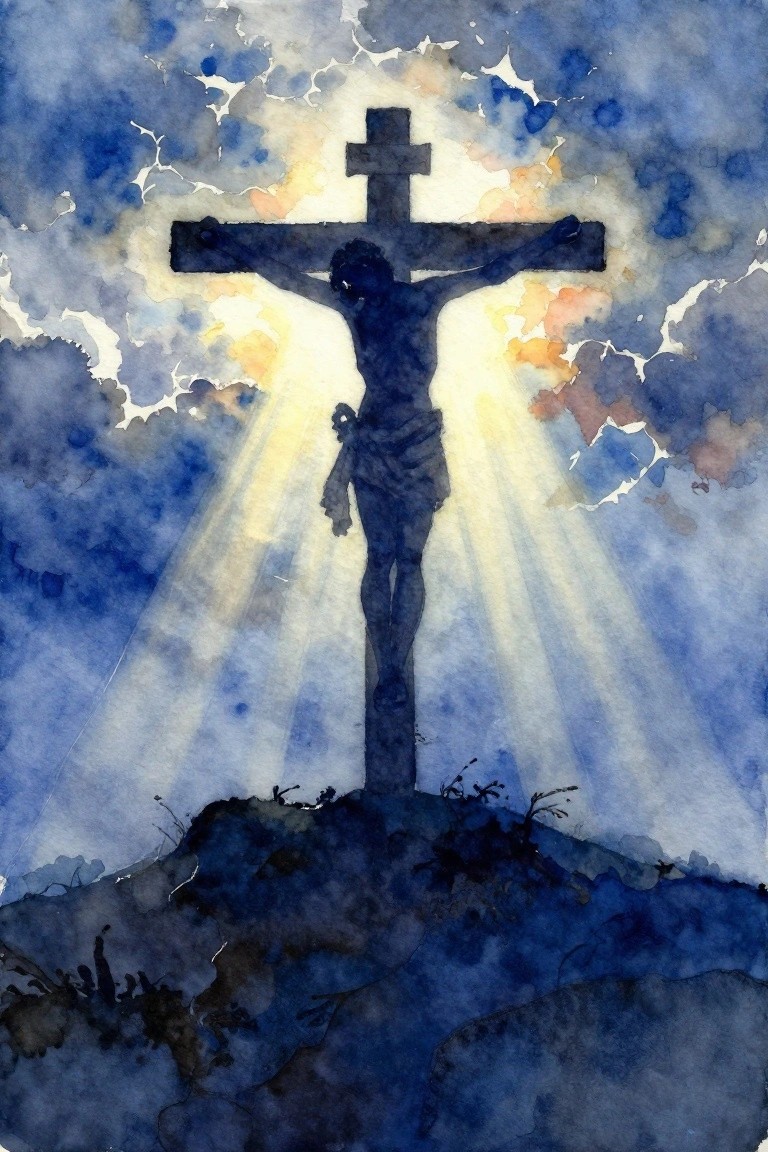 Silhouette of Jesus on the cross atop a hill under glowing blue watercolor clouds.