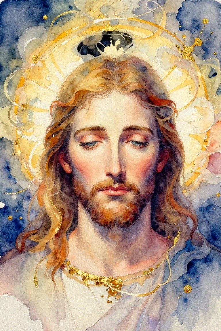 Watercolor Jesus with closed eyes, long brown hair, beard, golden halo, white robe