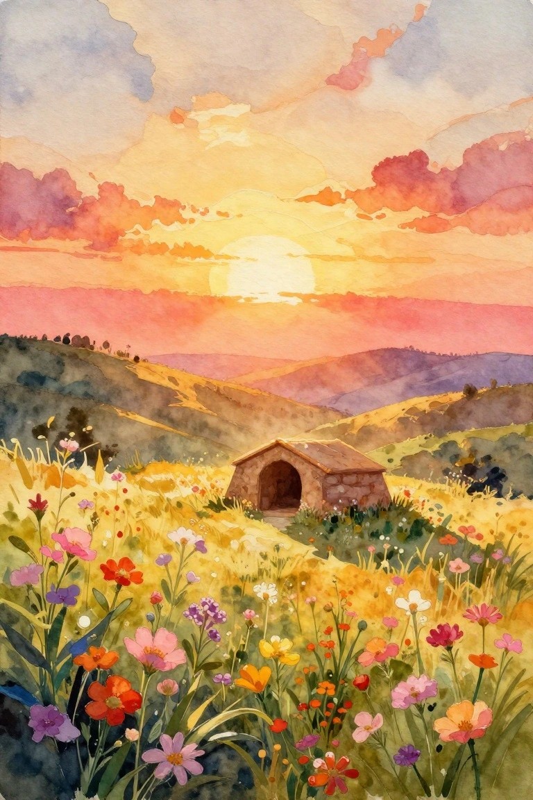 Watercolor sunset over rolling hills with stone hut amid vibrant wildflower meadow