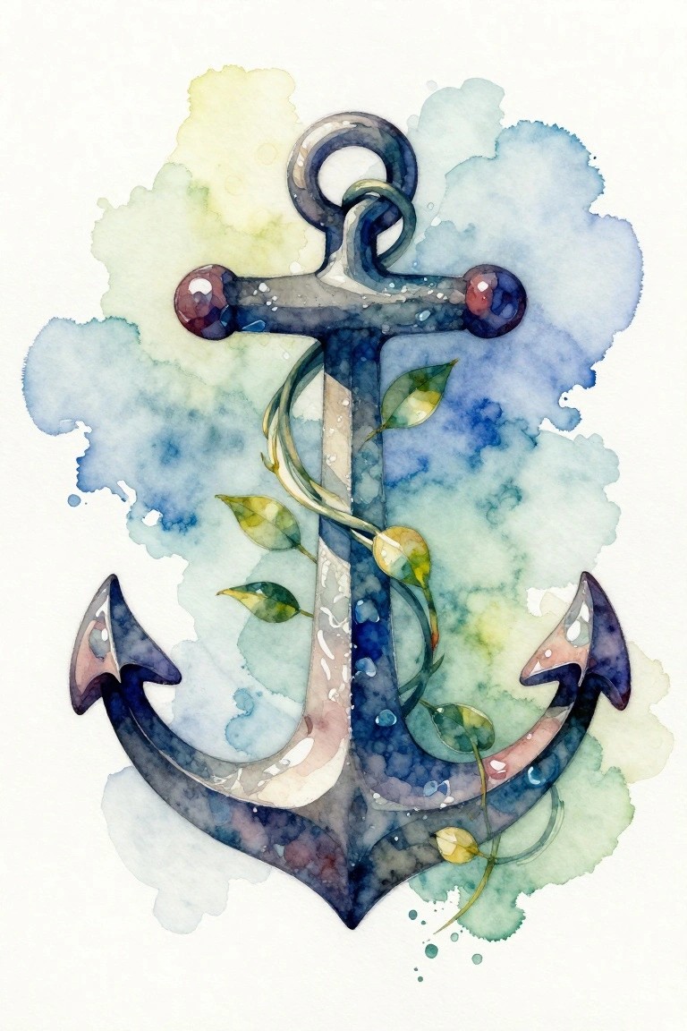 A watercolor-style painting of a dark anchor wrapped in green vines on a soft blue and green background.