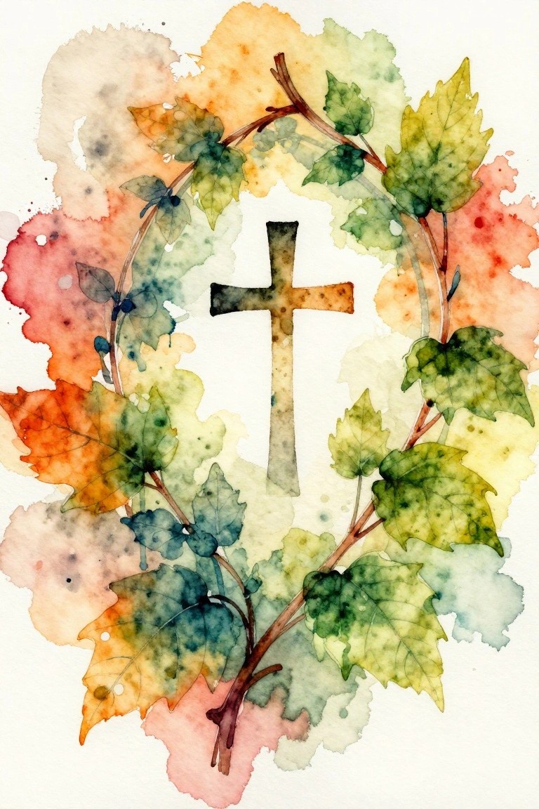 Watercolor cross centered in wreath of colorful autumn leaves with paint splashes
