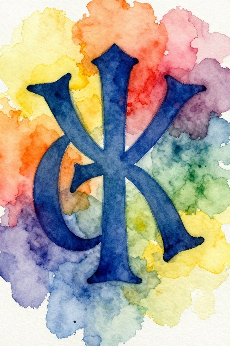 Blue stylized monogram centered on vibrant rainbow watercolor splashes