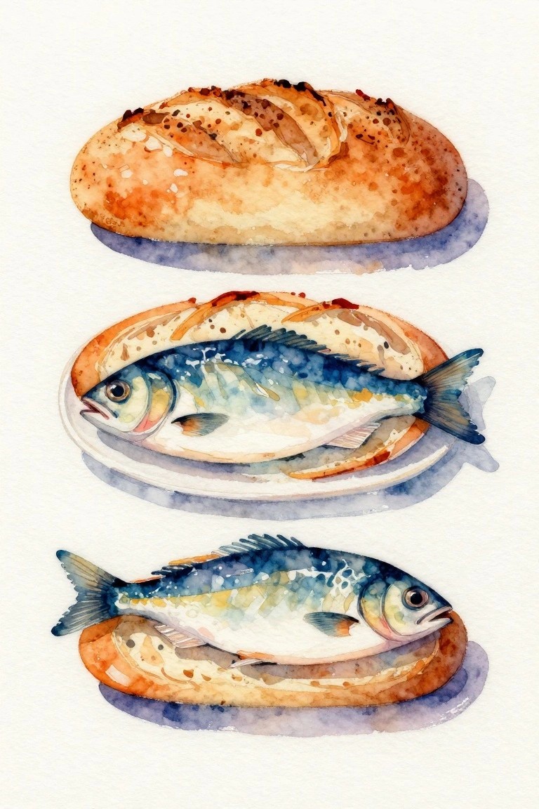 Watercolor illustrations of bread loaf, fish in baguette on plate, fish on bread.