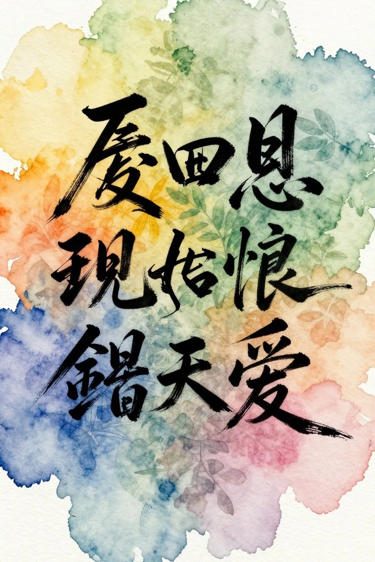 Black Chinese calligraphy on vibrant watercolor splashes with green leaves and floral patterns.