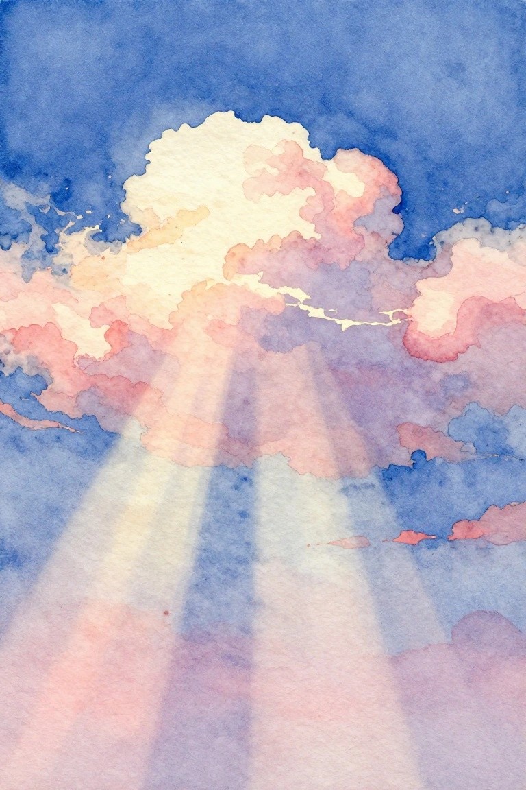 Watercolor sky with fluffy pink, purple clouds and golden sun rays shining through.