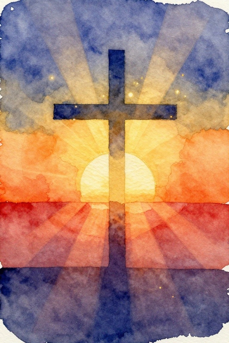 Watercolor cross over vibrant sunrise with yellow sun, rays, and blended clouds