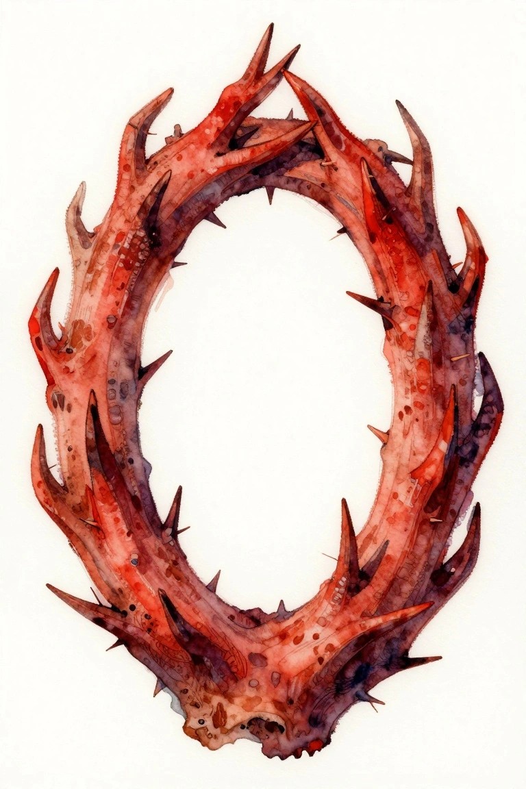 Watercolor painting of a spiky red thorny wreath on white background.