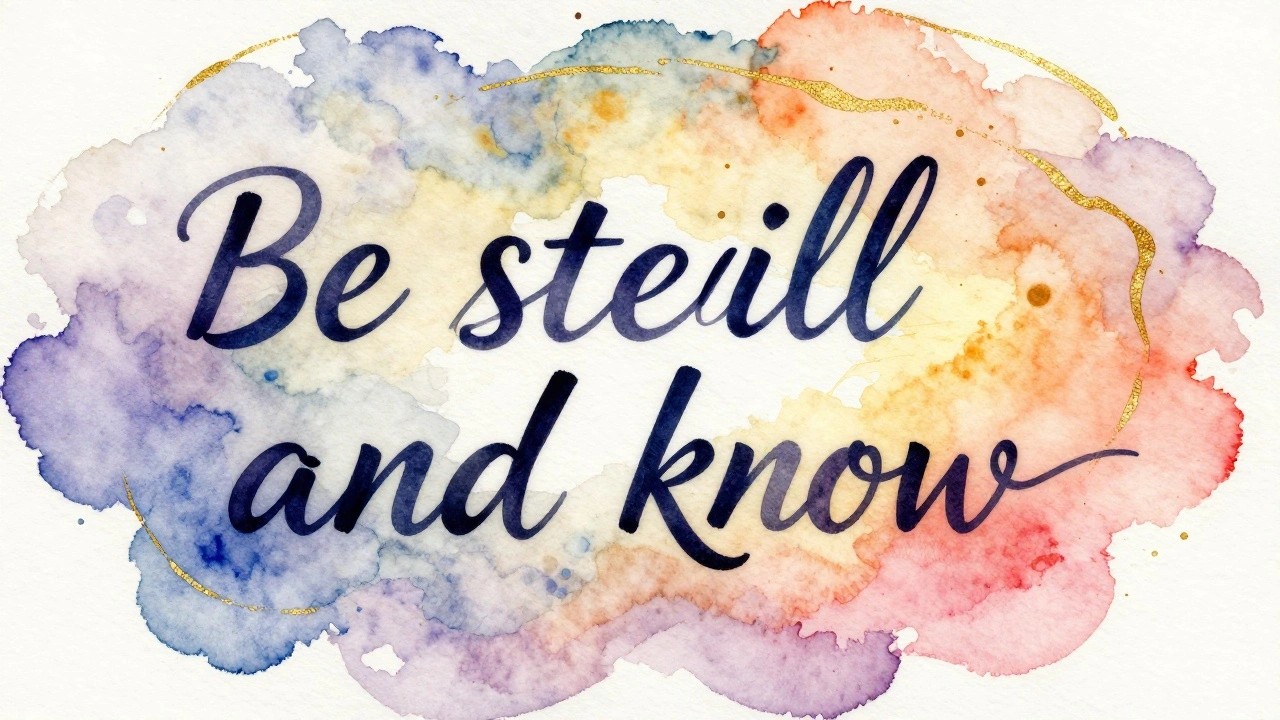 Watercolor background with colorful abstract splashes and the words "Be still and know" in black script inside a gold circle.