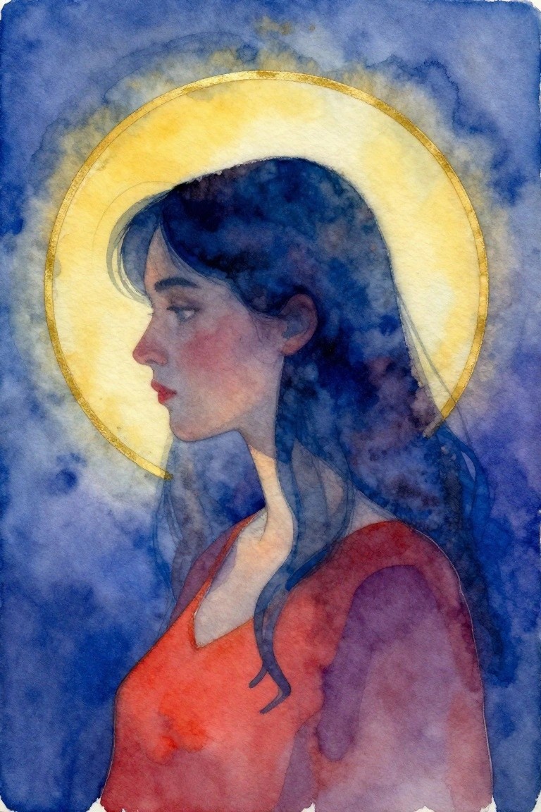 Watercolor portrait of profiled woman with long dark hair, golden halo, and red top on blue background