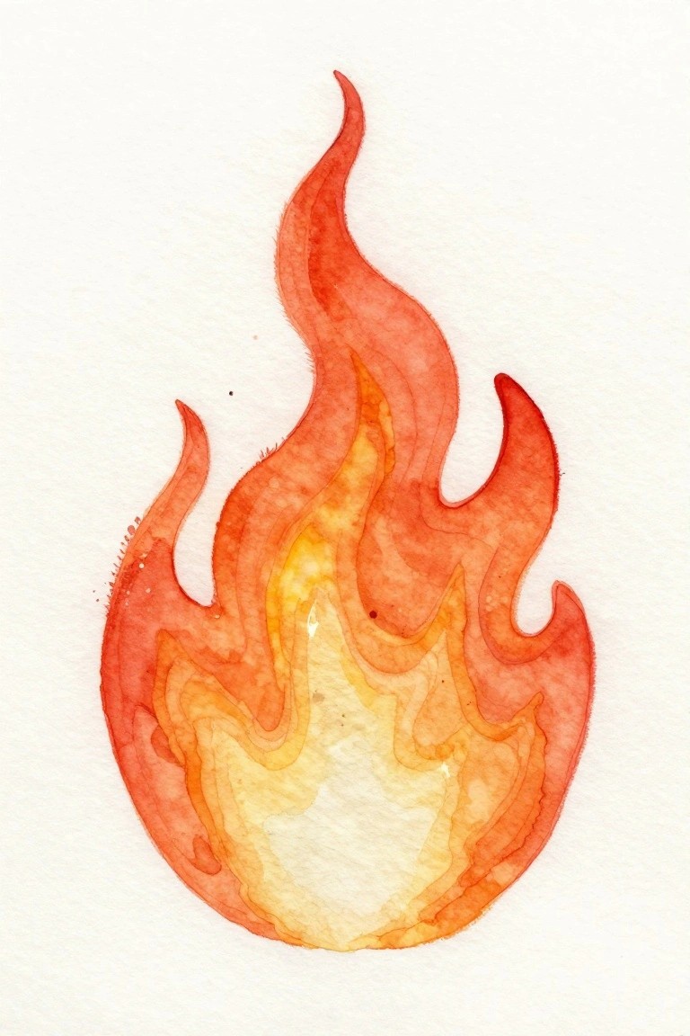 Watercolor flame in red, orange, and yellow hues on white paper.
