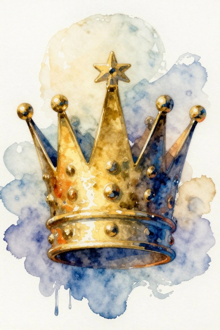 Golden jeweled crown with star topper on blue-yellow watercolor background.