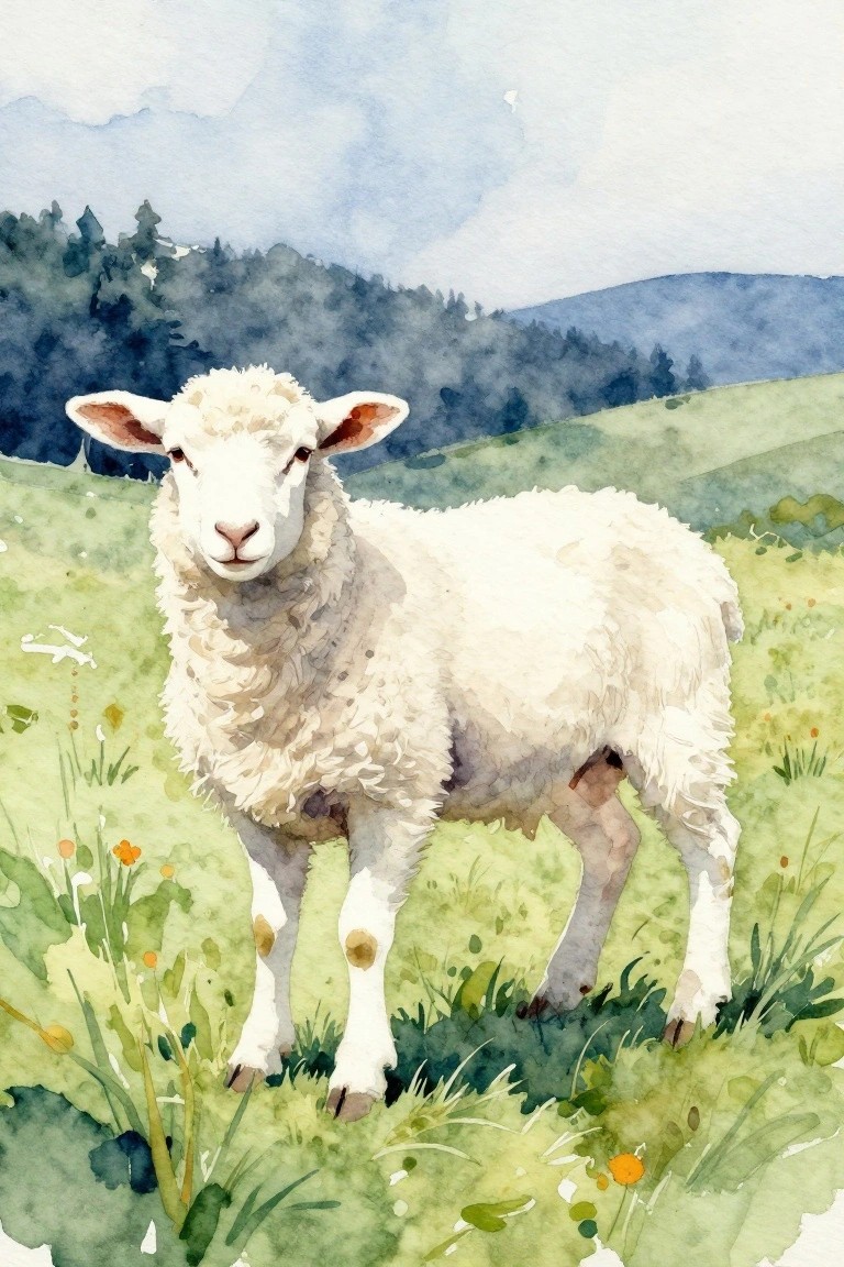 Fluffy white sheep stands in lush green meadow with distant blue hills, watercolor style.