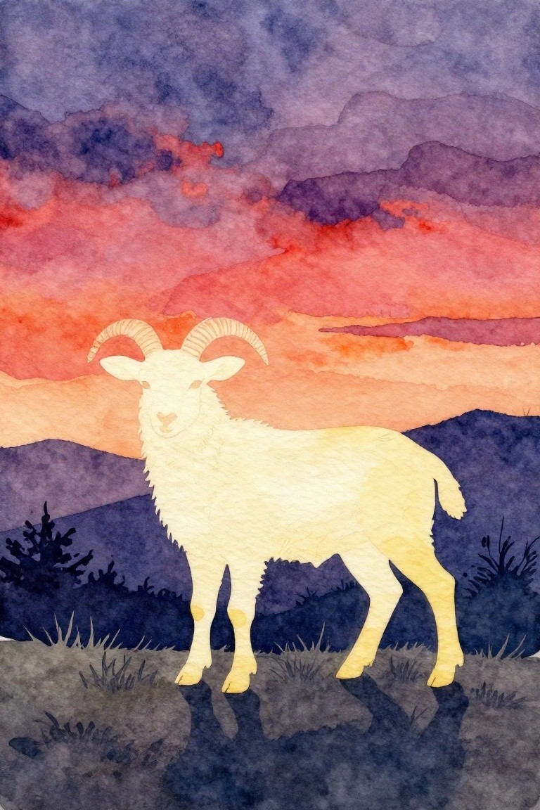 Watercolor of white ram with horns before vibrant red-purple sunset mountains