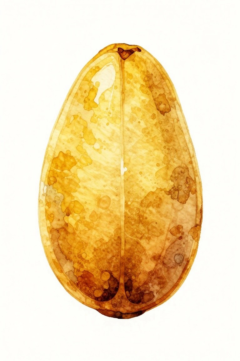Oval leaf in yellow-brown watercolor with mottled spots and central vein