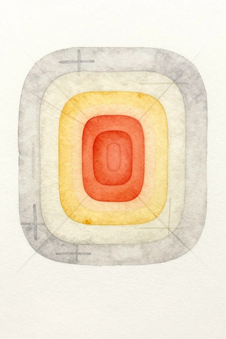 Watercolor-style painting of concentric rounded rectangles in red, orange, yellow, cream, and gray with small cross marks on the outer gray layer.