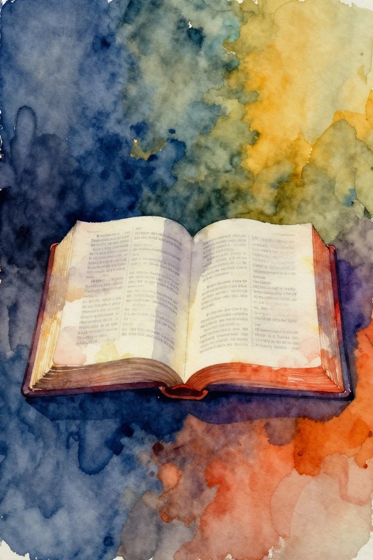 A watercolor painting of an open book with text on its pages resting on a surface covered in blue, yellow, orange, and red watercolor washes.