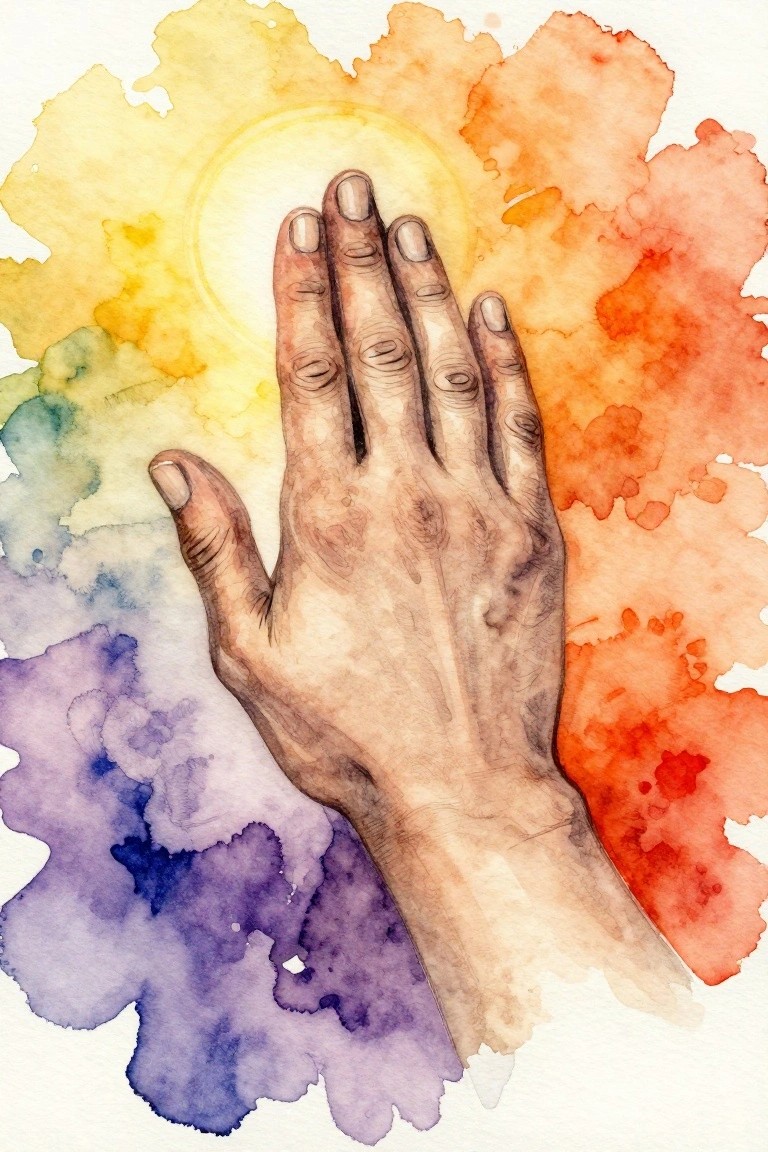 Watercolor painting of praying hands on vibrant rainbow splash background with glowing circle