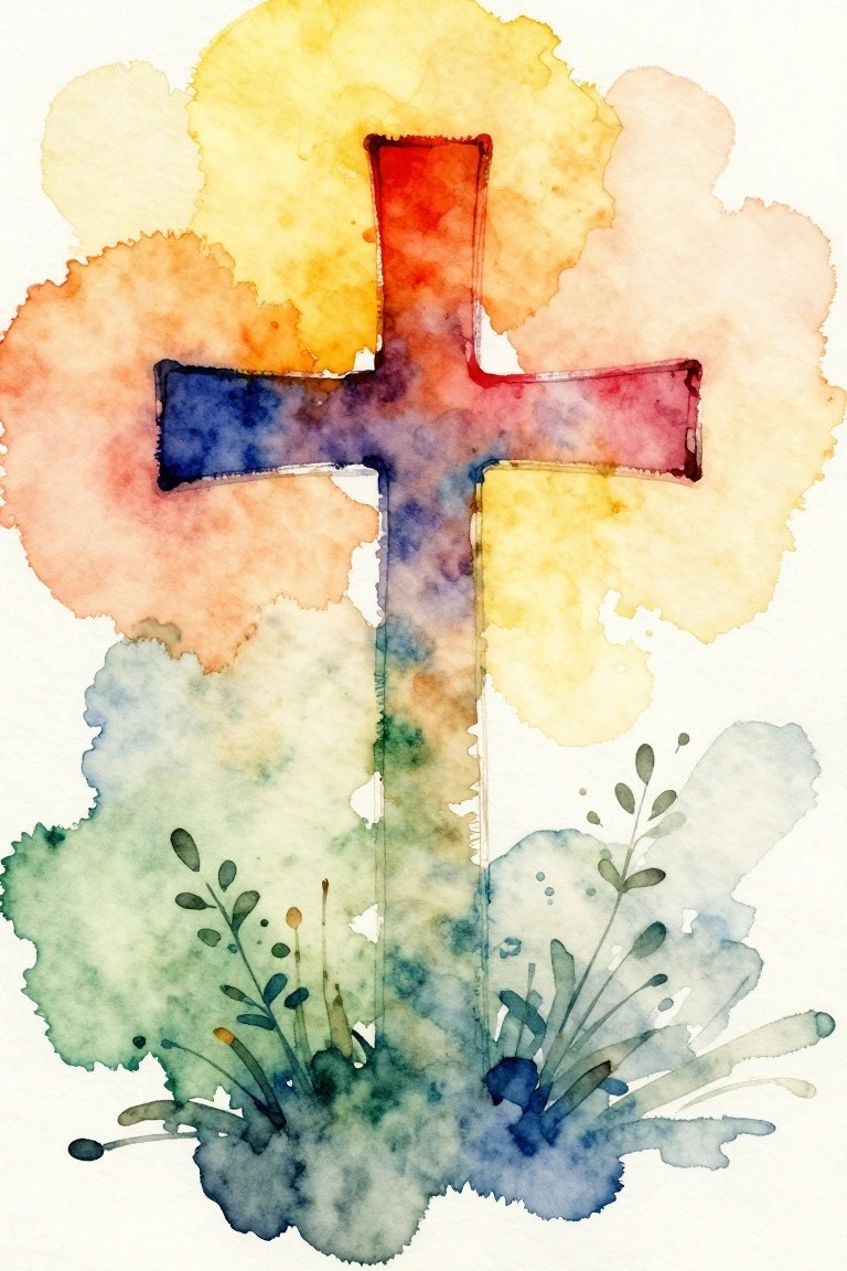 Watercolor cross in rainbow hues atop green botanical splashes with yellow glow