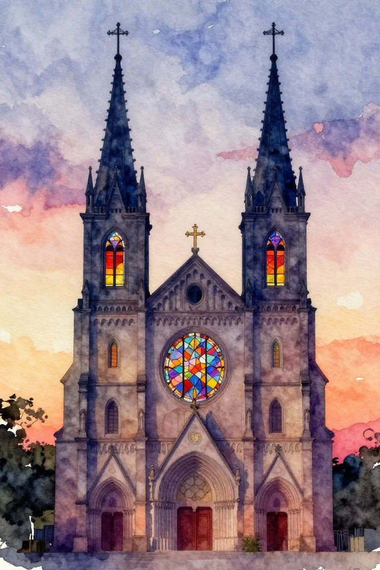 Watercolor of Gothic cathedral with twin spires, colorful rose window, sunset sky.