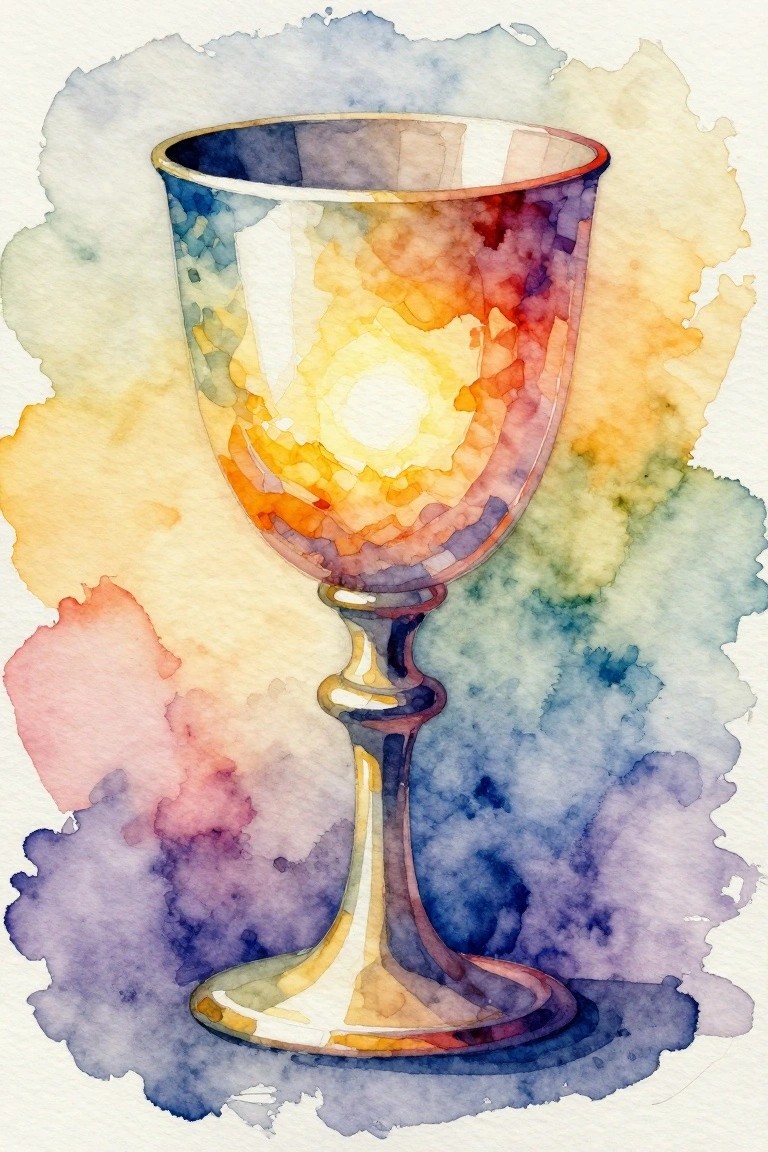 A watercolor painting of a colorful chalice with a metallic stem against a blended abstract background of blues, yellows, and purples.