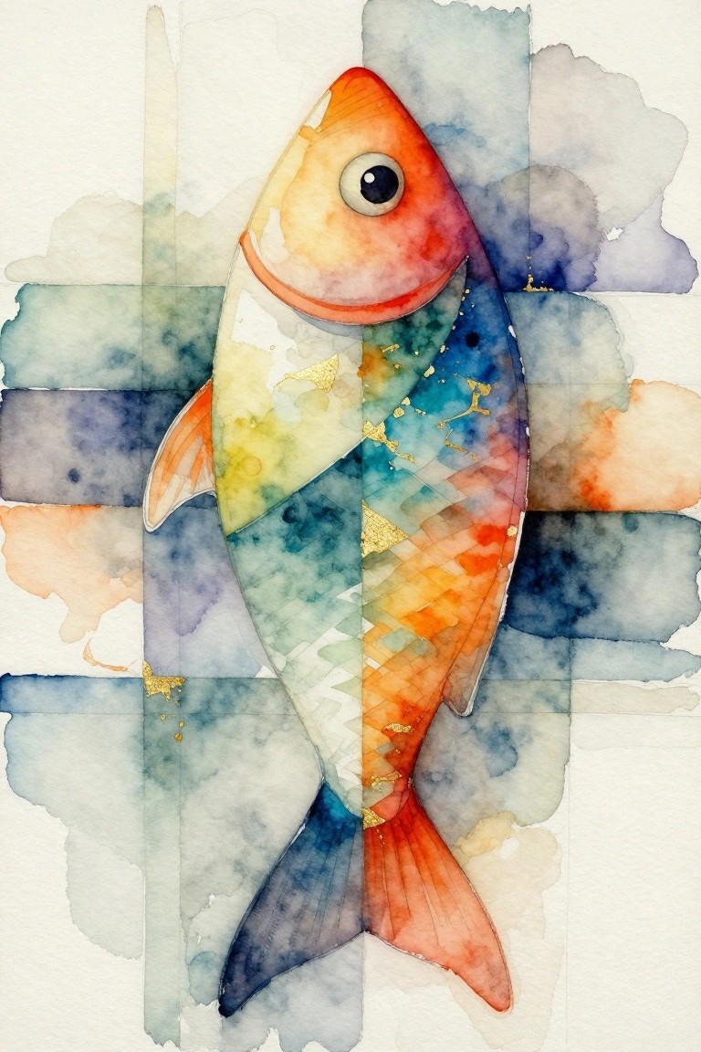 Colorful watercolor fish with orange head, blue-orange scales, red tail, and gold accents.