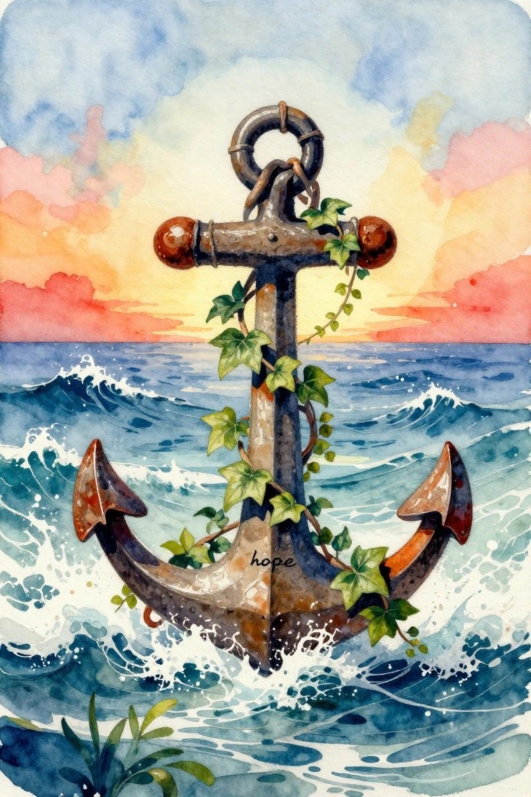 Watercolor anchor wrapped in ivy amid crashing waves under vibrant sunset sky with 