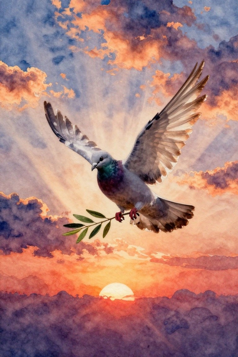 A watercolor-style painting of a gray dove with an olive branch in its claws, flying against an orange and purple sunset sky with clouds and light rays.
