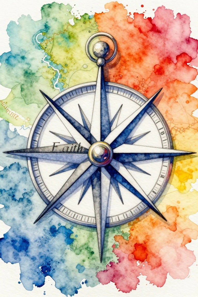 Watercolor compass rose labeled Faith over vibrant blue green orange red splashes