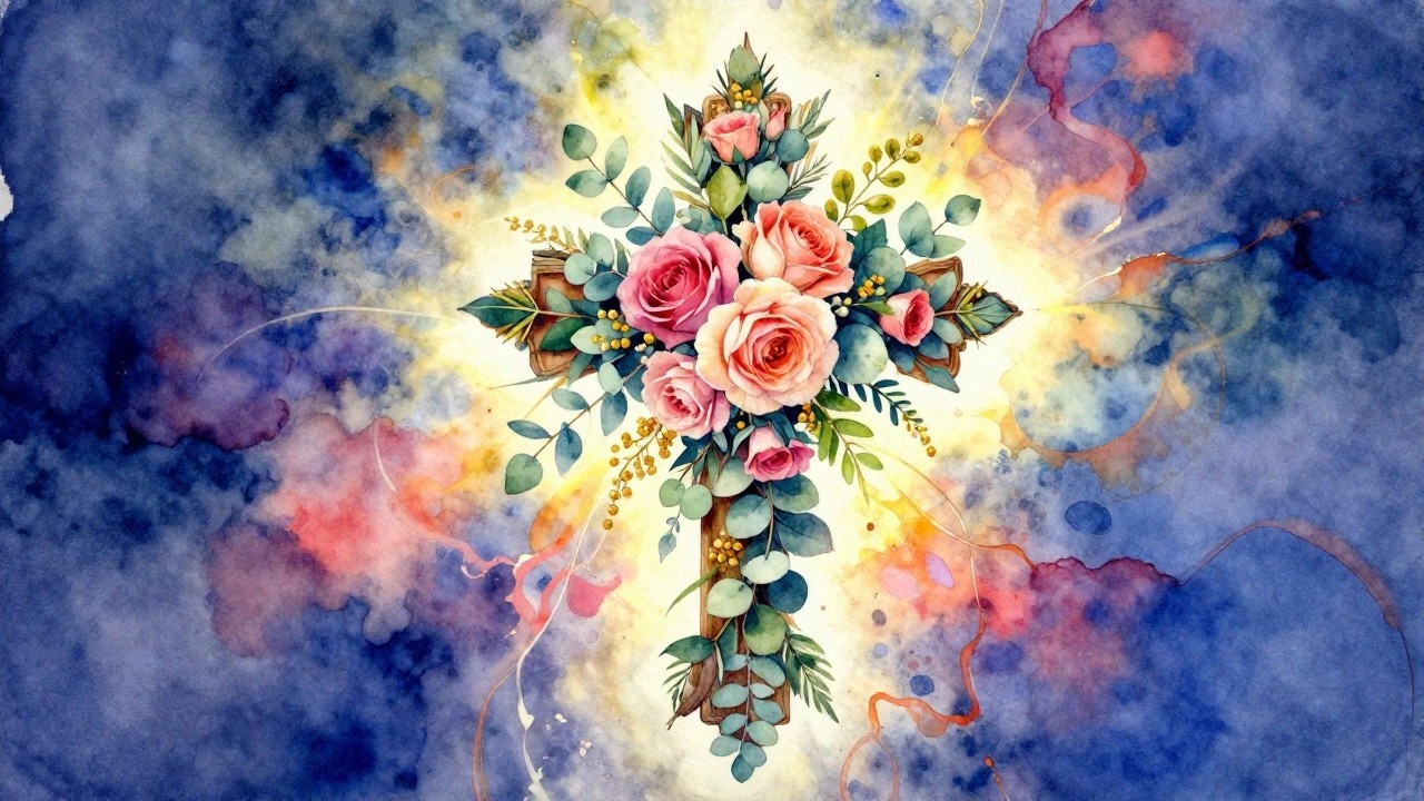 Ornate wooden cross with golden ribbon, surrounded by pink roses and eucalyptus in watercolor style