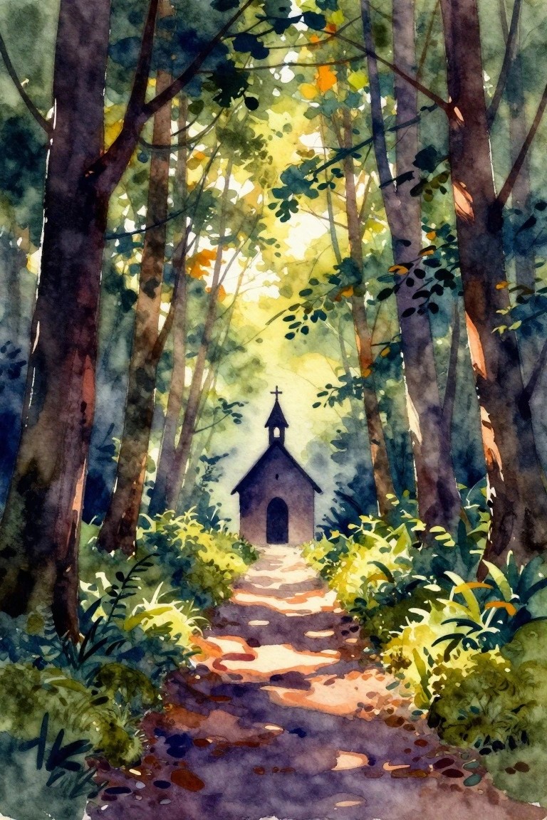 Watercolor painting of sunlit forest path leading to small chapel with cross