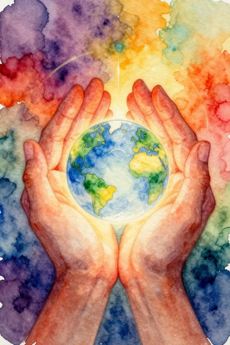 A watercolor painting shows two hands holding a small globe of Earth against a colorful abstract background with a small green dot and light rays above.