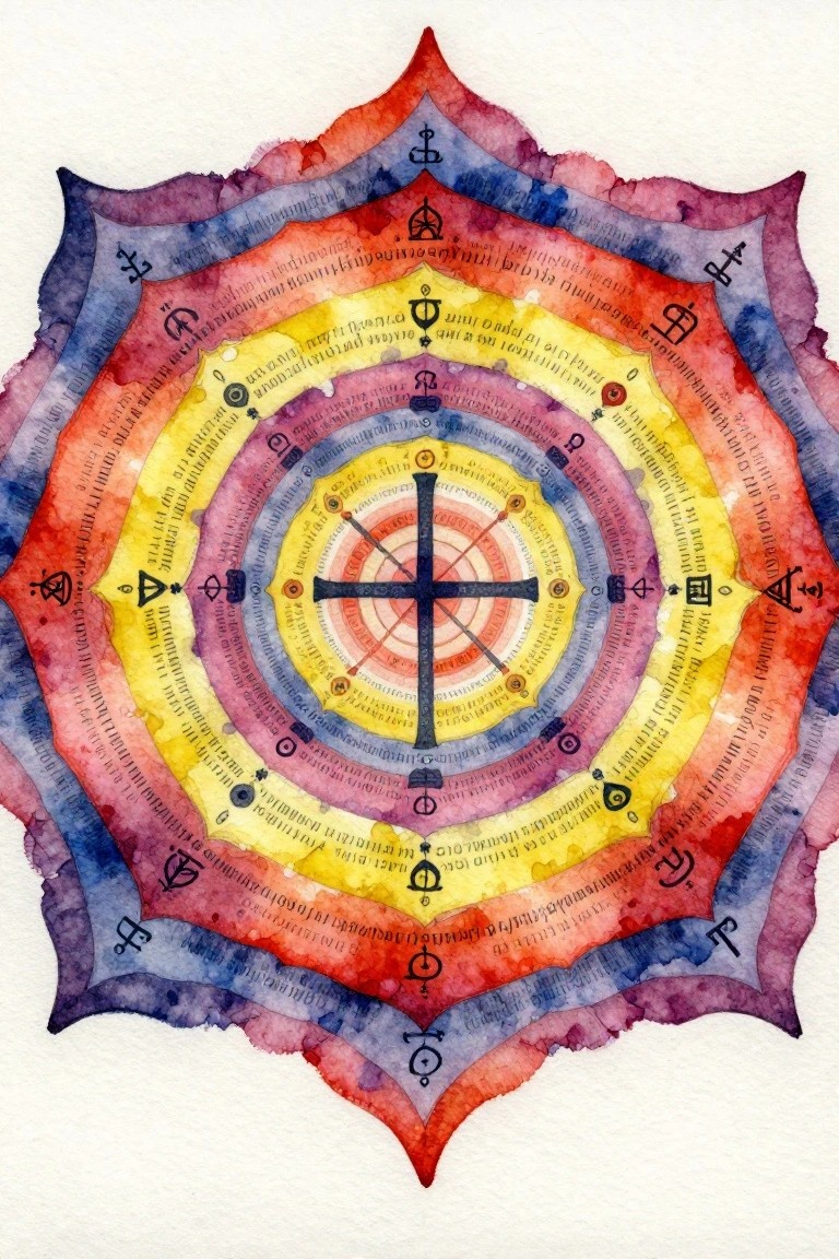 Vibrant watercolor mandala with concentric rings, symbols, and central black cross.