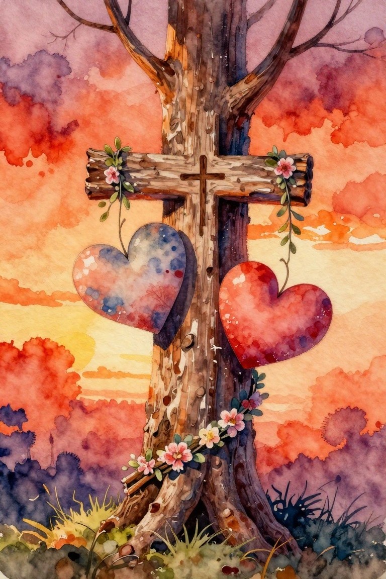 Watercolor wooden cross with red and blue hearts, flowers, against vibrant sunset sky.