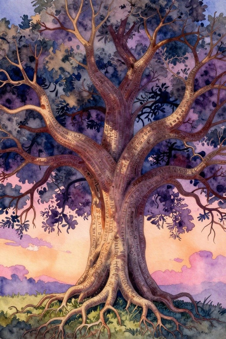 Watercolor of ancient tree with rune-etched bark, sprawling roots, and vibrant sunset sky