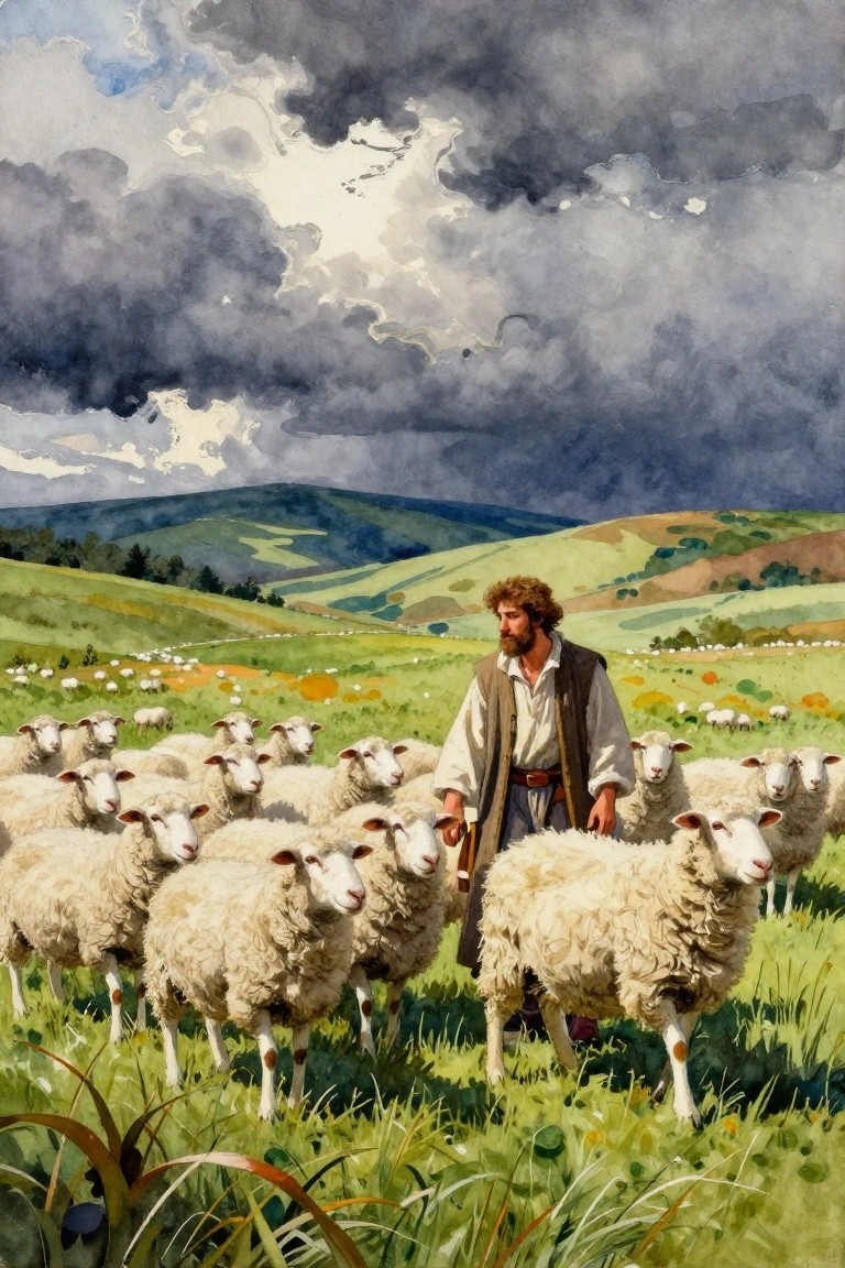 Bearded shepherd in vest amid sheep on green hills under stormy sky in watercolor