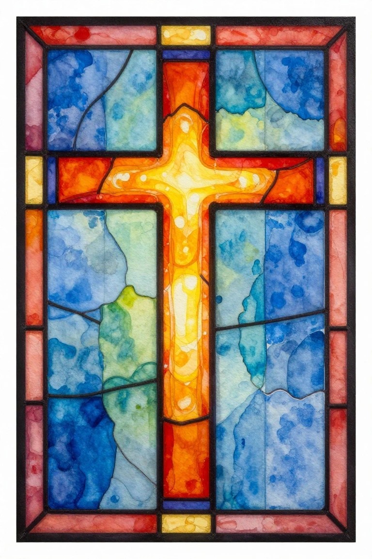 Stained glass window with luminous yellow-orange cross amid blue and red panels.
