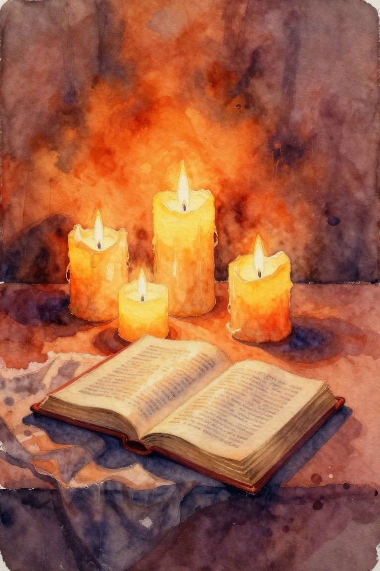 Open book surrounded by four lit candles glowing in warm orange watercolor tones.