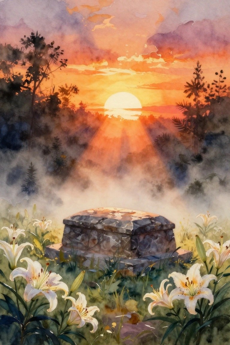 A watercolor painting of a stone tomb surrounded by white lilies in a misty field at sunset with trees in the background.
