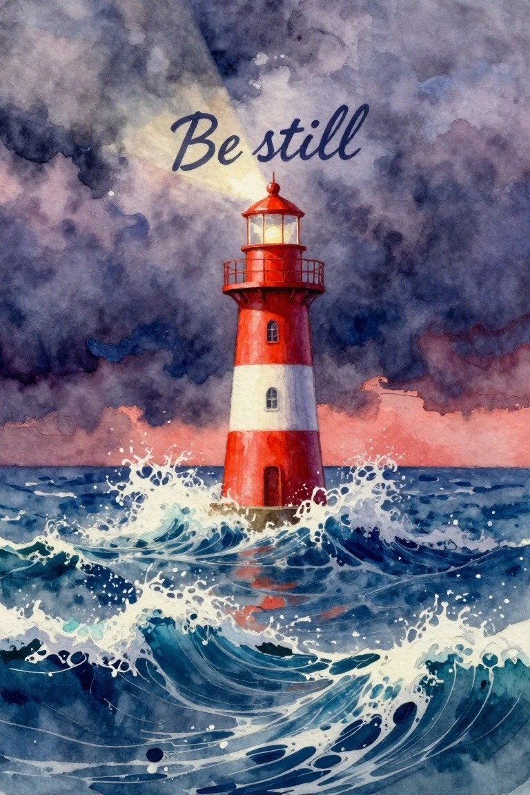 Watercolor of red-and-white lighthouse in crashing waves under stormy skies with 