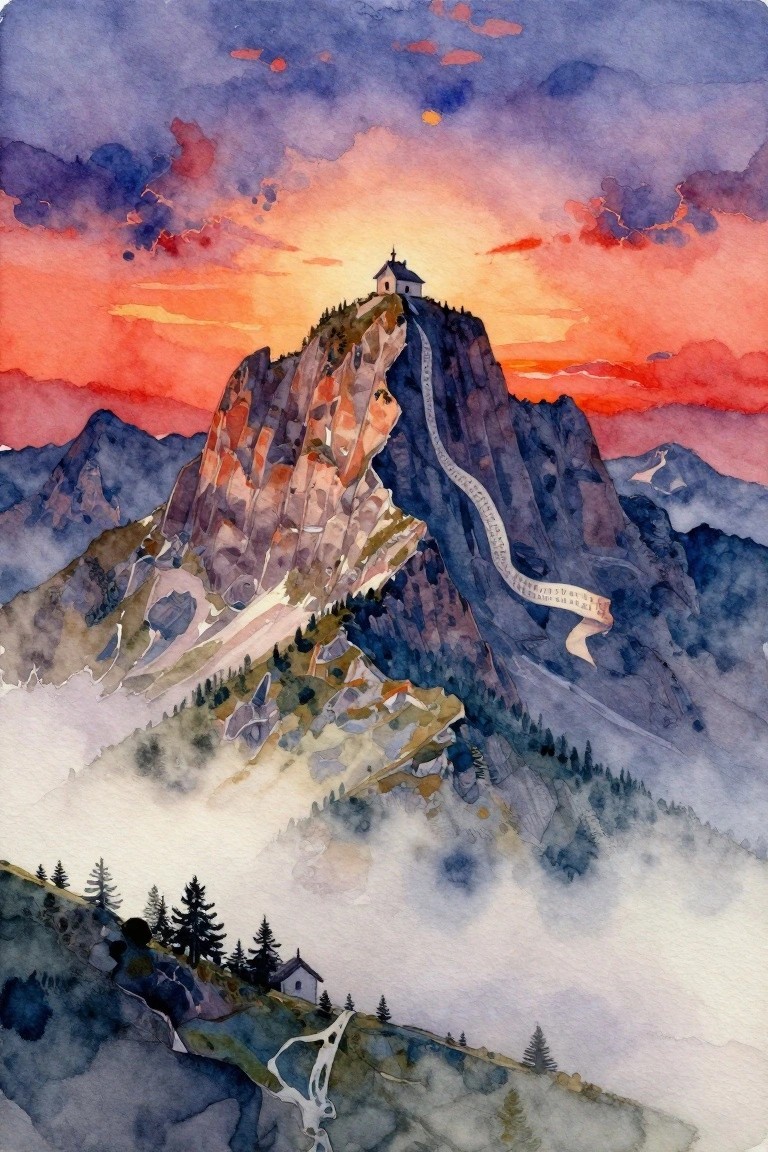 Watercolor painting of a rugged mountain peak at sunset with a small building on top, a winding path along the ridge, and clouds filling the valleys below.
